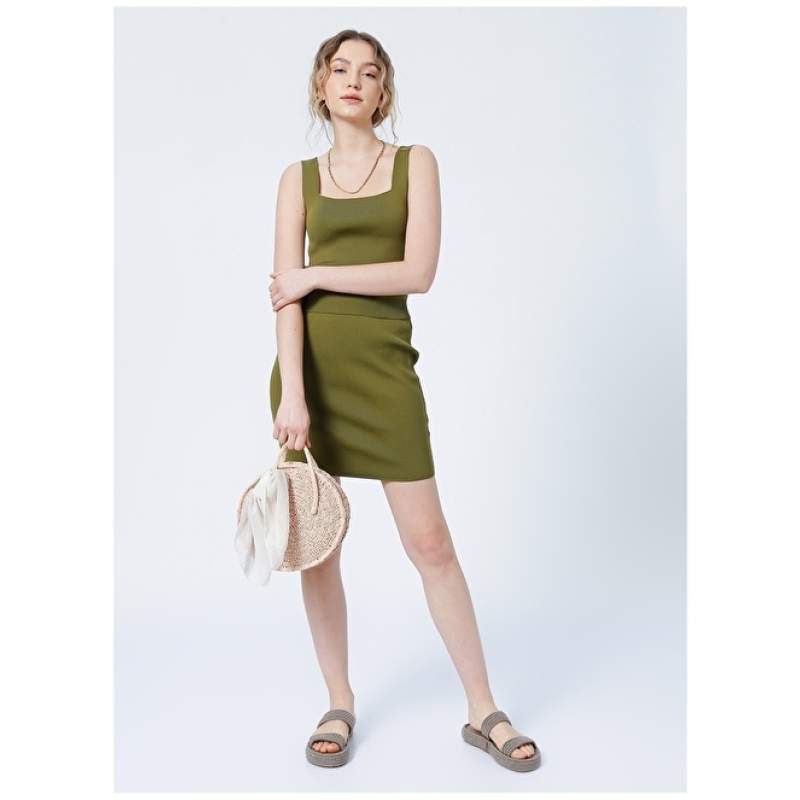 Factory Emila Normal Waist Basic Plain Oil Green Women's Skirt