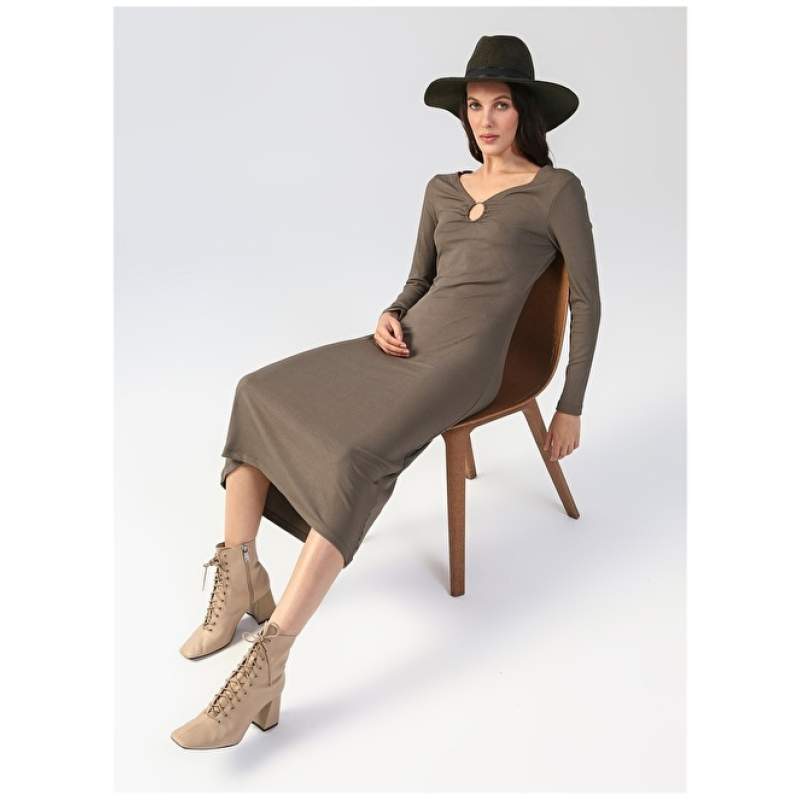 Factory V Neck Khaki Women Midi Knitwear Pencil Dress MARNI Factory V Neck Khaki Women Midi Knitwear Pencil Dress MARNI