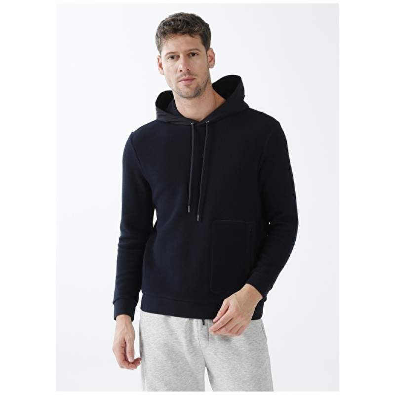 Factory Hooded Collar Plain Navy Blue Men's Sweatshirt AMES