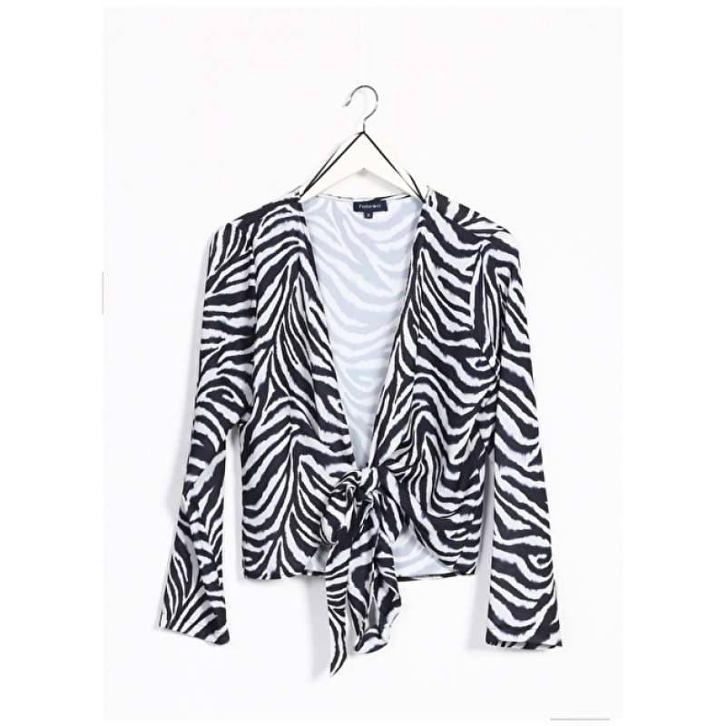 Factory Double Breasted Collar Patterned Black - White Women's Blouse YMN-26