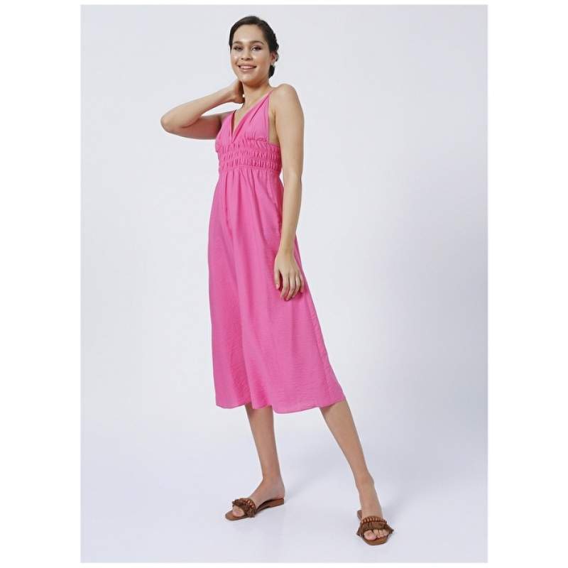 Factory Rohan V-Neck Basic Plain Pink Women's Midi Dress