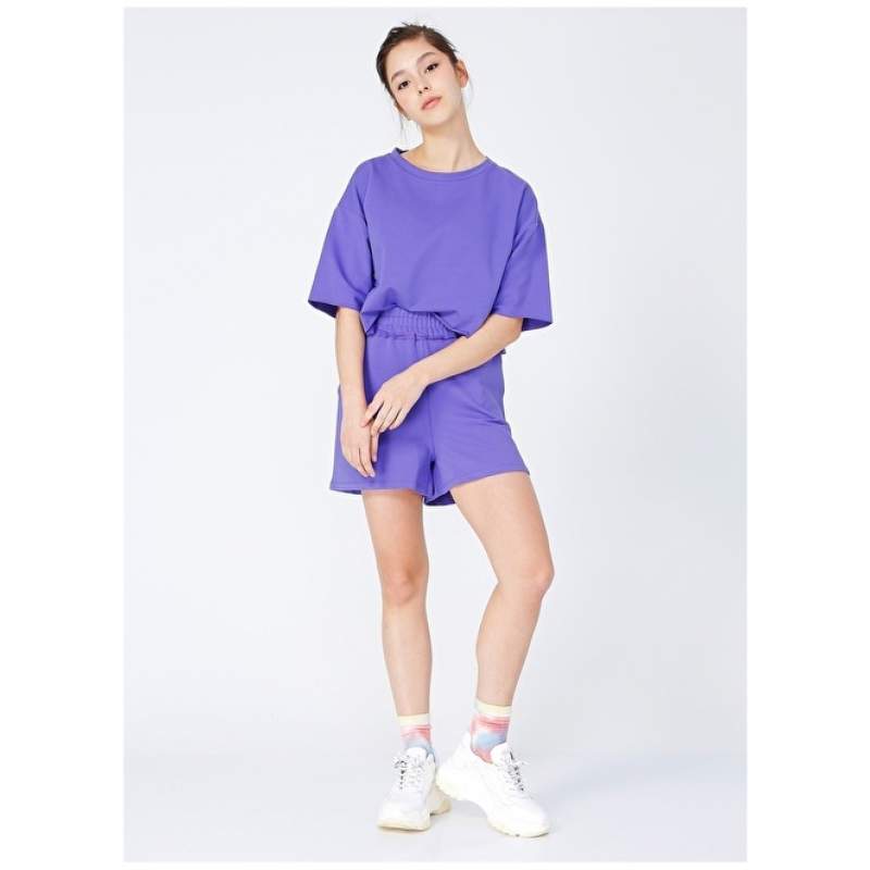 Factory Elastic Basic Plain Purple Women's Shorts - YING