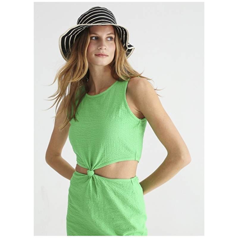 Factory Crew Neck Dobby Green Mini Women's Dress ALSOY