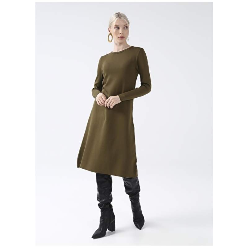 Factory Crew Neck Plain Khaki Midi Women's Pencil Dress SAGE
