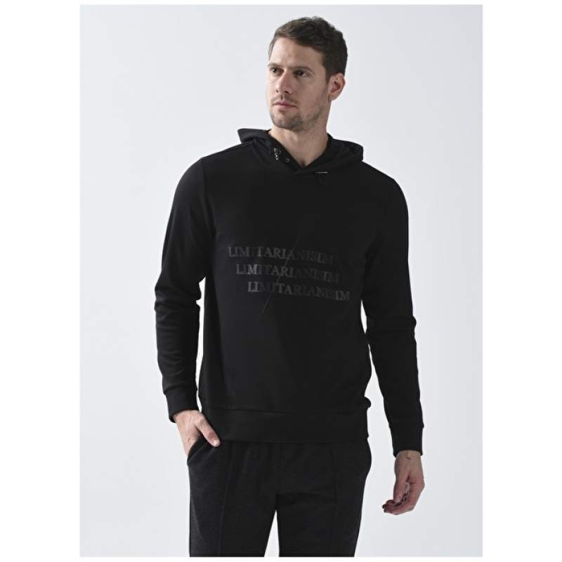 Factory Hooded Collar Solid Black Men's Sweatshirt ALBARIC