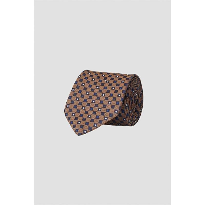 Patterned Beige Navy Blue Classic Tie
