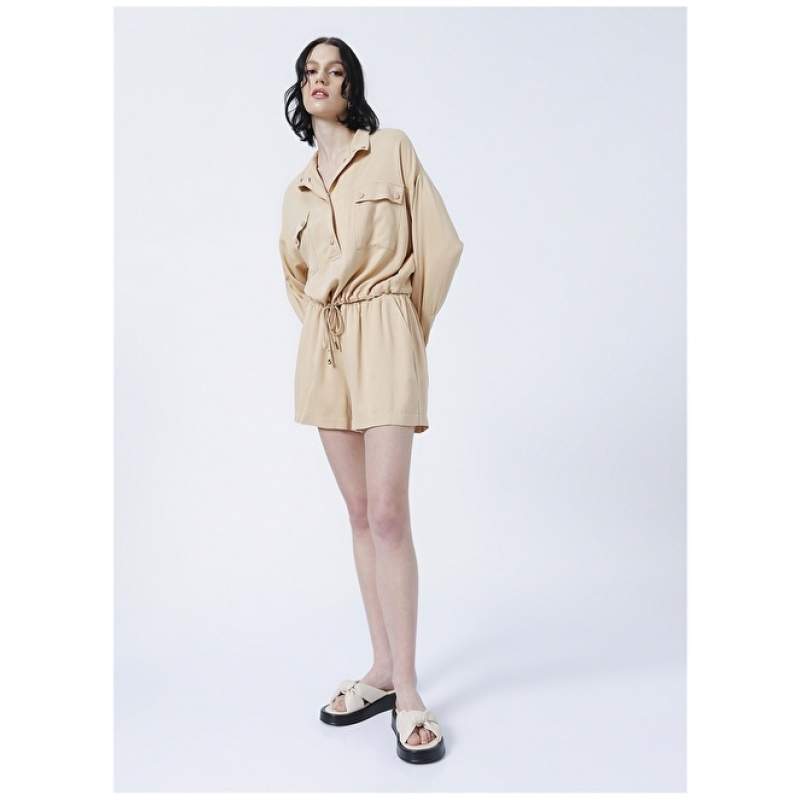 Factory Pinar Elastic Basic Plain Beige Women's Shorts