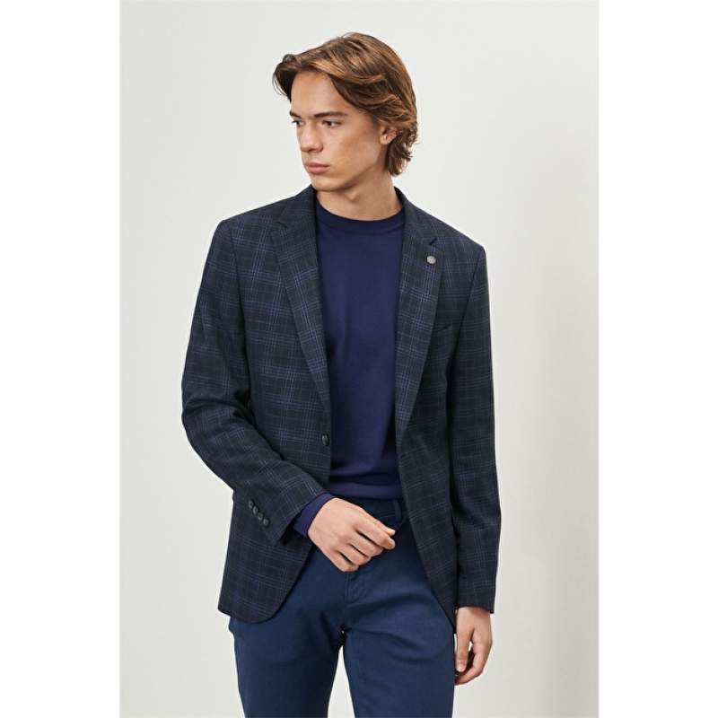 Slim Fit Slim Fit Mono Collar Plaid Patterned Jacket