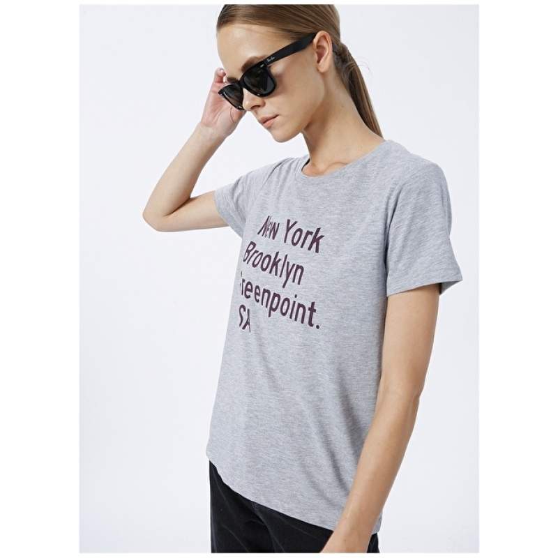 Factory Crew Neck Printed Gray Melange Women's T-Shirt AMON