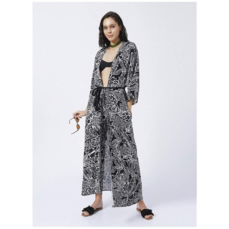 Factory MRV-36 Shawl Collar Wide Fit Black - White Women's Kaftan