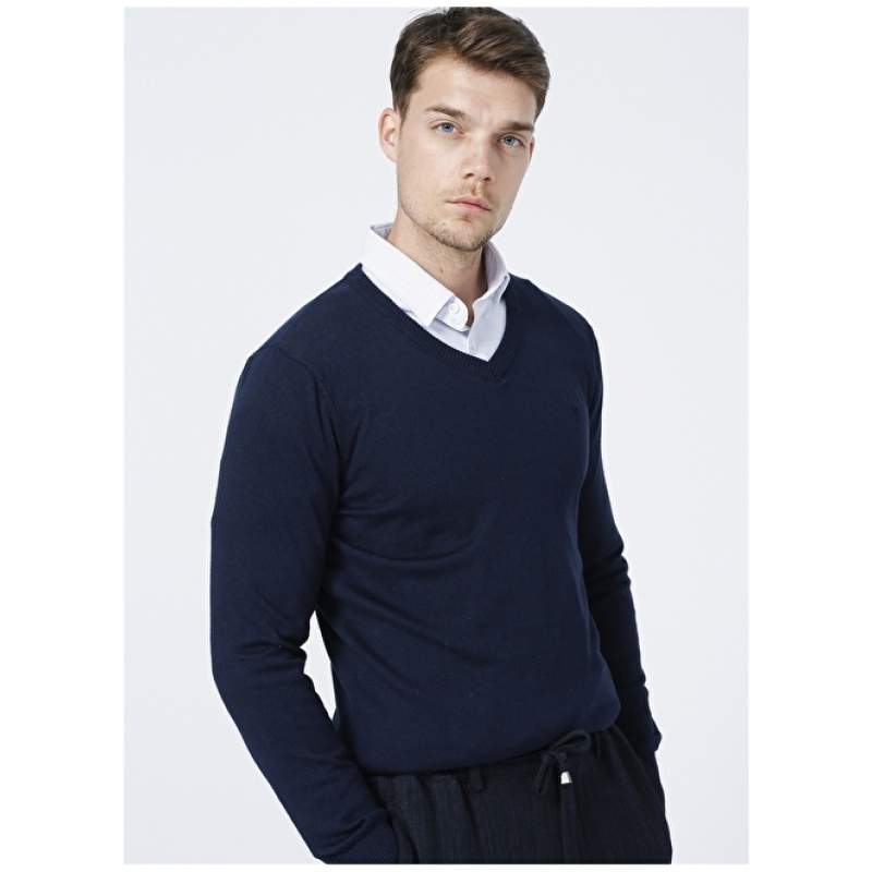 Factory V Neck Navy Blue Men's Sweater