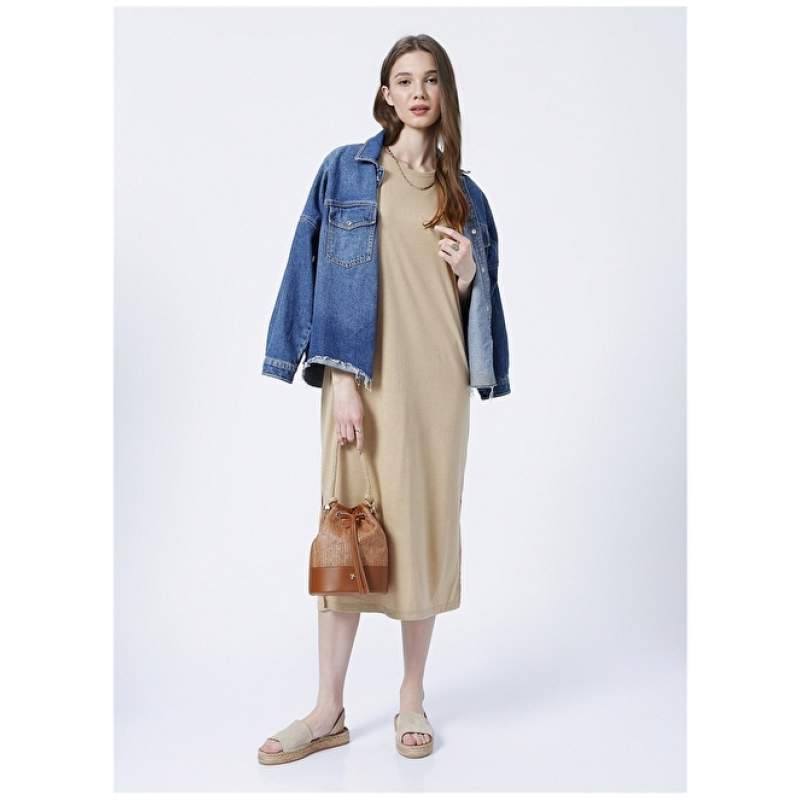 Factory Crew Neck Basic Plain Beige Women's Dress - K-CORIN