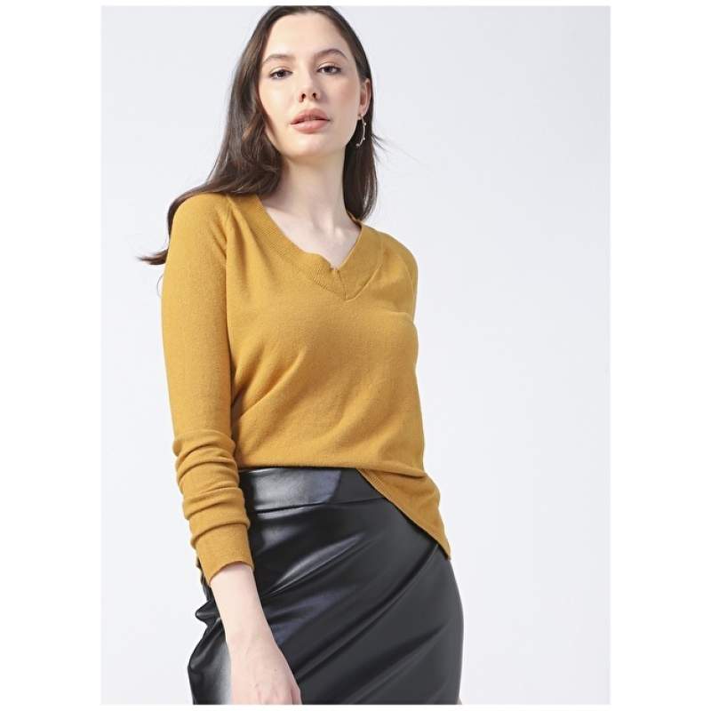 Factory V-Neck Basic Plain Mustard Women's Sweater - 20295