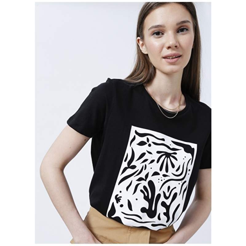 Factory Crew Neck Basic Printed Black Women's T-Shirt - DORA