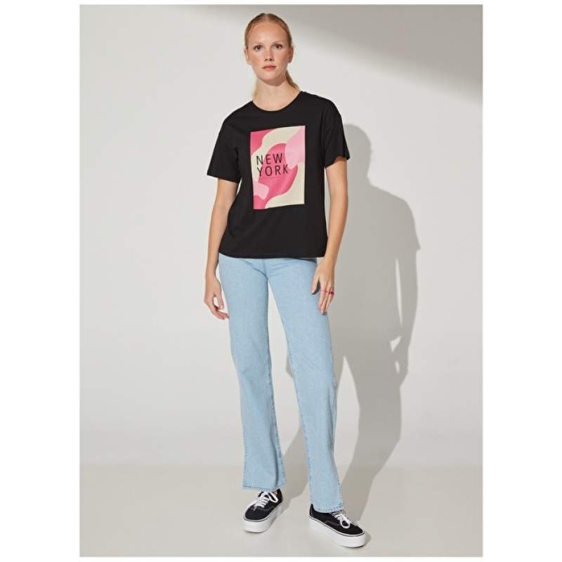 Factory Crew Neck Printed Black Women's T-Shirt SEDIA