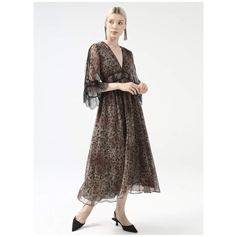 Factory V-Neck Patterned Brown - Beige Midi Women's Dress YMN-6