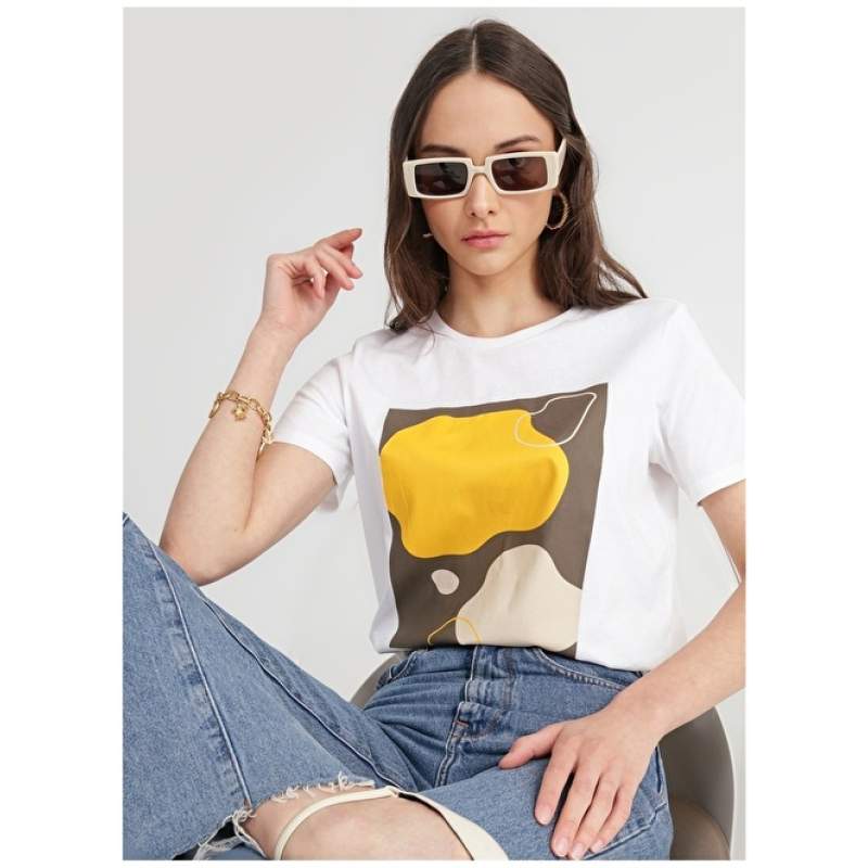 Factory Crew Neck Printed White Women's T-Shirt STANZA