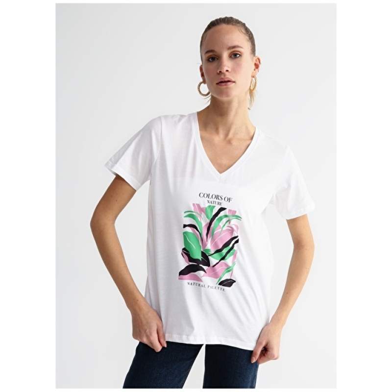 Factory V-Neck Printed White Women's T-Shirt PARETTI