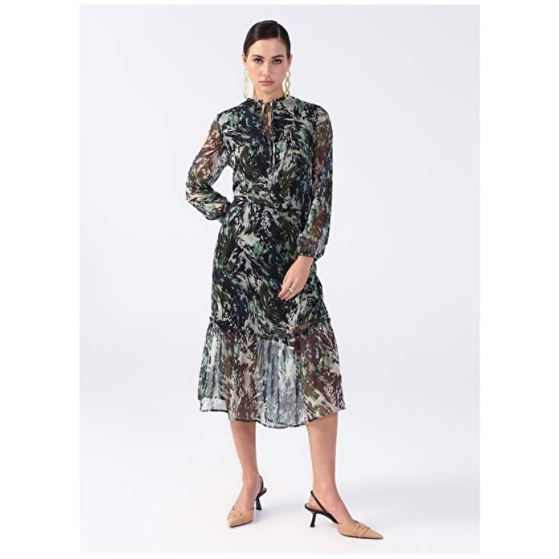 Factory Ruched Collar Patterned Midi Green - Multicolored Women's Dress YMN-32 Factory Ruched Collar Patterned Midi Green - Multicolored Women's Dress YMN-32