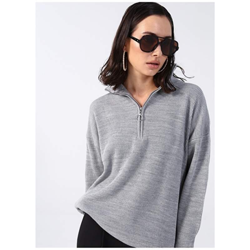 Factory Zipper Collar Plain Gray Melange Women's Sweater KATTEN