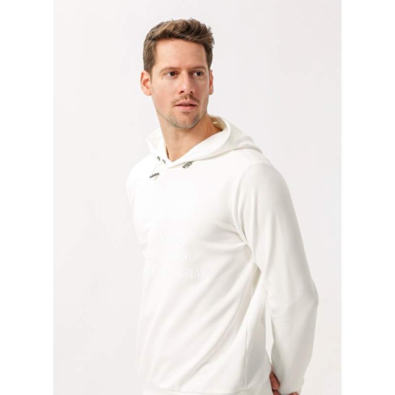 Factory Hooded Collar Plain Ecru Men's Sweatshirt ALBARIC