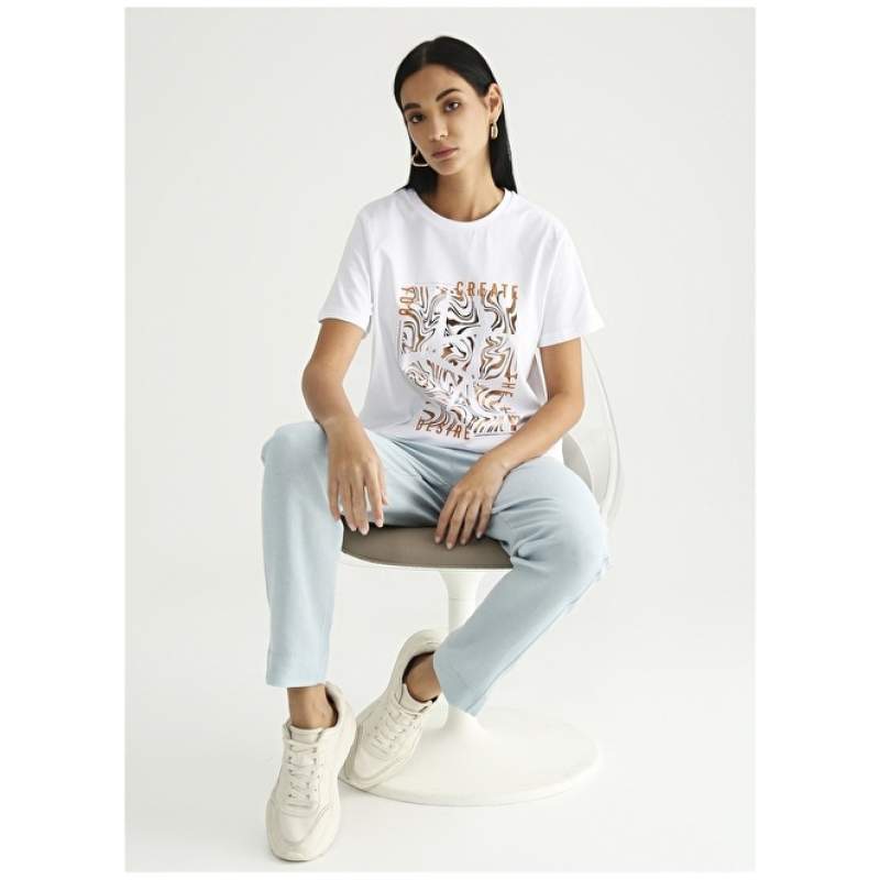 Factory Crew Neck Printed White Women's T-Shirt ALE