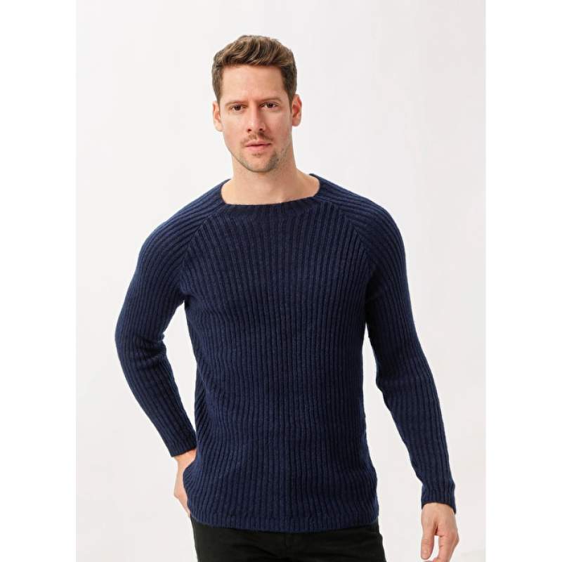 Factory O Neck Plain Navy Blue Men's Sweater FENZO