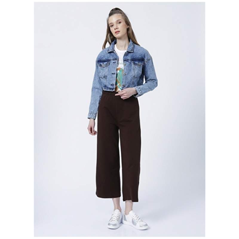 Factory Elastic Wide Leg Basic Plain Brown Women's Sweatpants K-MOVEN