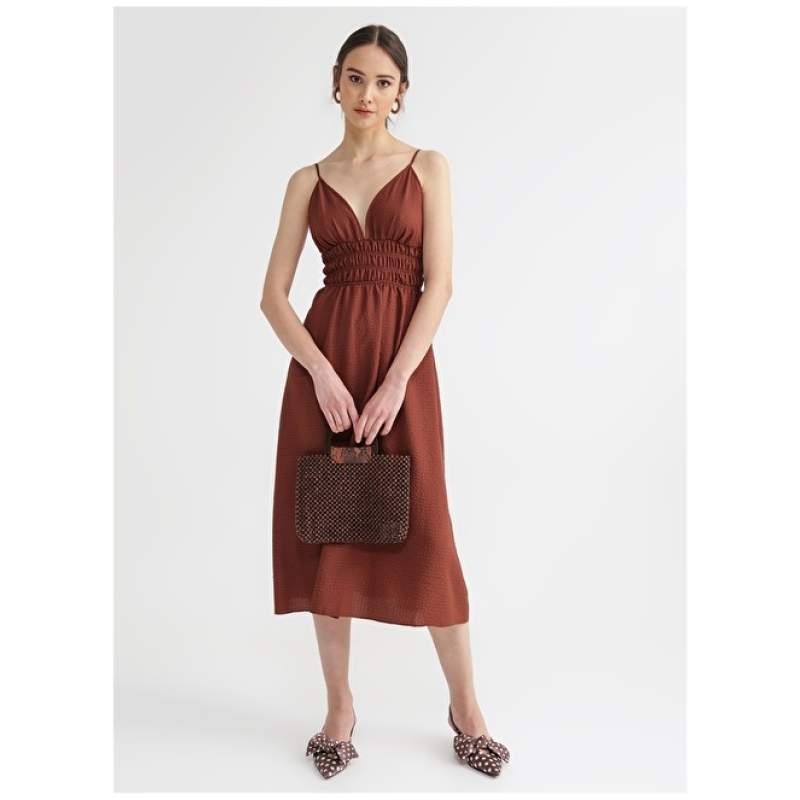 Factory V-Neck Dobby Brown Midi Women's Dress ROHAN-Y