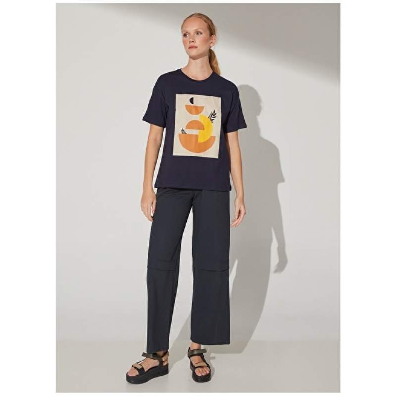Factory Crew Neck Printed Navy Blue Women's T-Shirt SPENTO