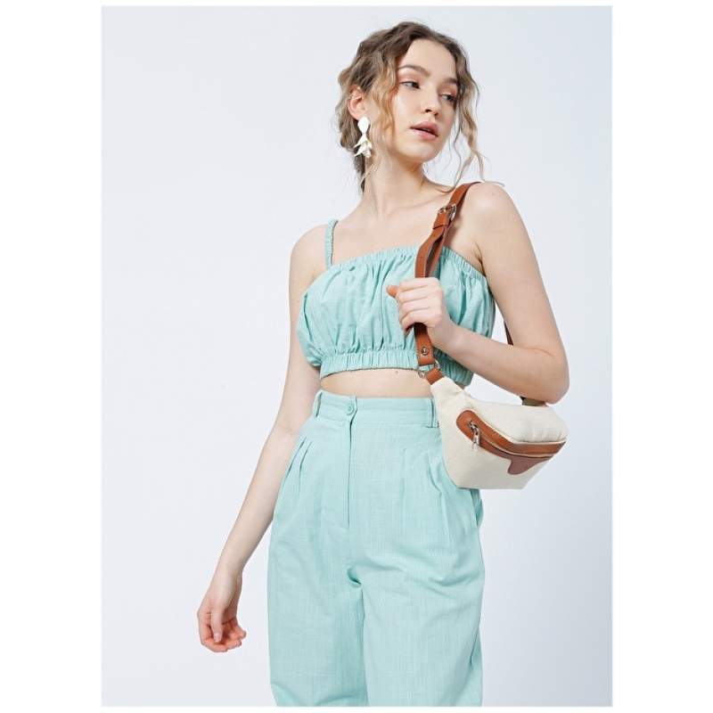 Factory Square Collar Crop Plain Water Green Women's Blouse - PELIKAN