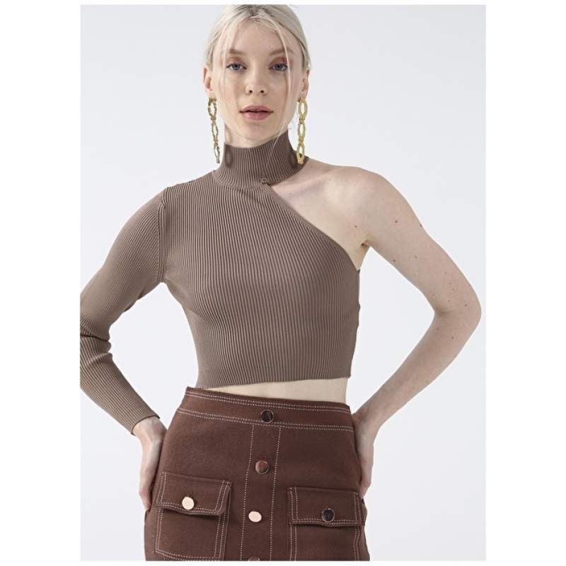 Factory Straight Collar Plain Beige Women's Sweater ASELE Factory Straight Collar Plain Beige Women's Sweater ASELE