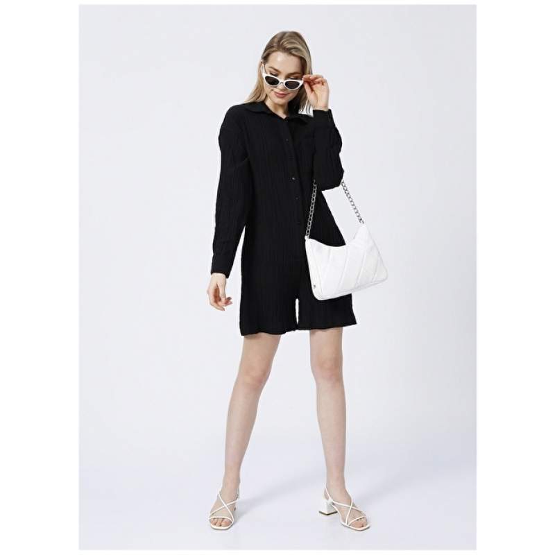 Factory Ranger Shirt Collar Wide Fit Plain Black Women Jumpsuit