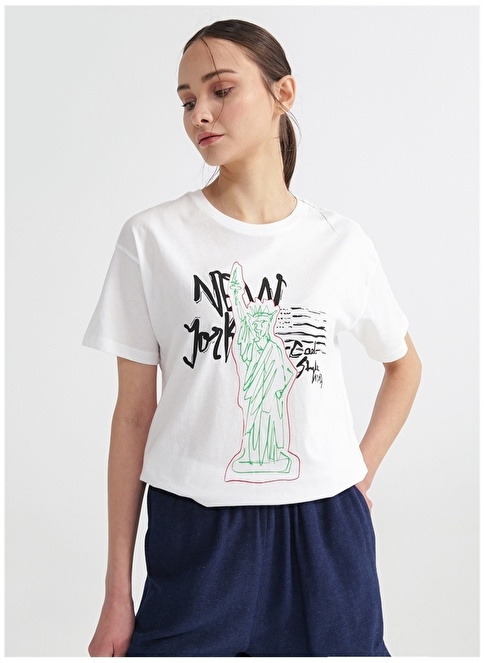 Factory Crew Neck Printed White Women's T-Shirt MARIE