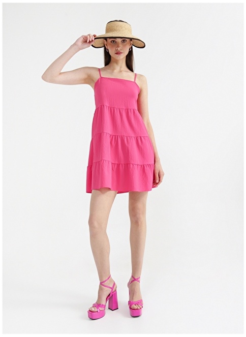 Factory Square Collar Dobby Pink Mini Women's Dress NASU