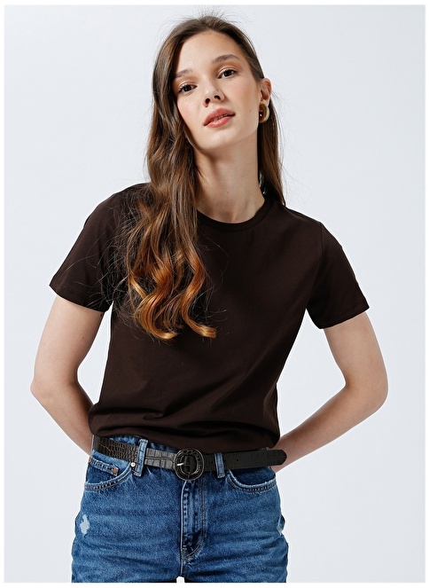 Fabrika Tengiz Crew Neck Basic Plain Brown Women's T-Shirt